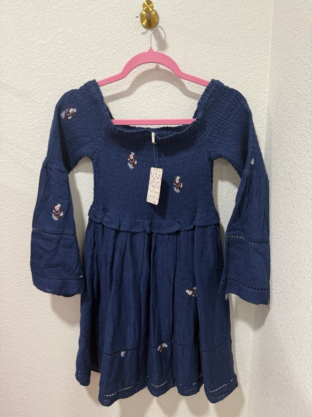 Free People Counting Daisies Embroidered Off the Shoulder Dress Navy Womens XS
